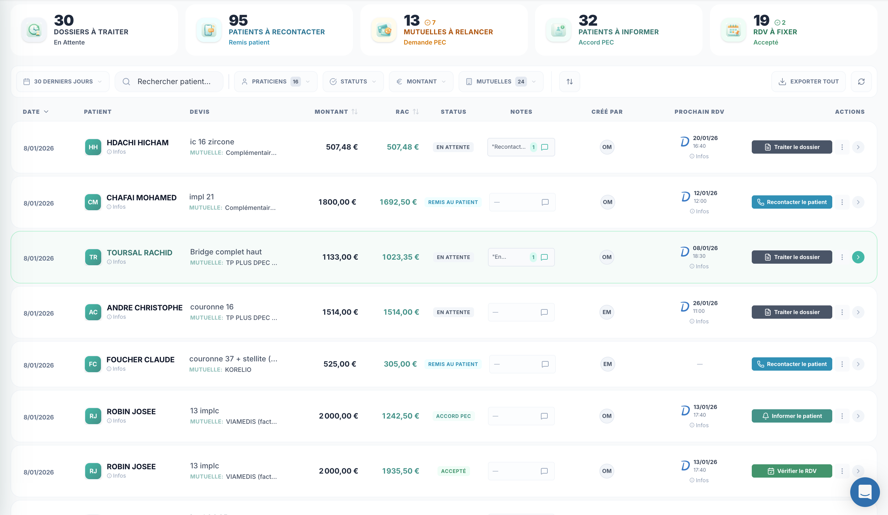 Suivi des devis dentaires — Interface EasyDevis