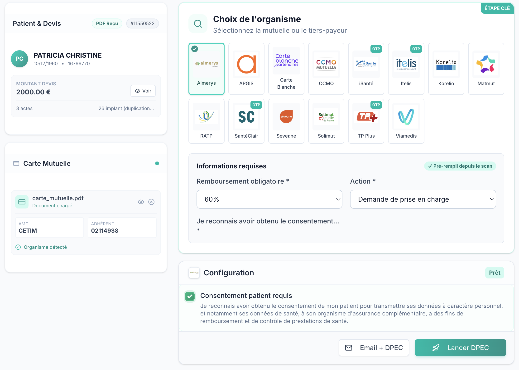 Demande de prise en charge automatisée dans EasyDevis — choix de l'organisme, carte mutuelle scannée et lancement de la DPEC