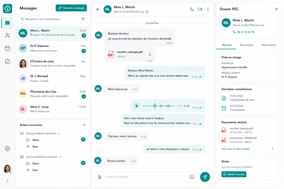 Messagerie EasyDevis — chat d'équipe, boîte mail connectée et suivi du dossier de prise en charge