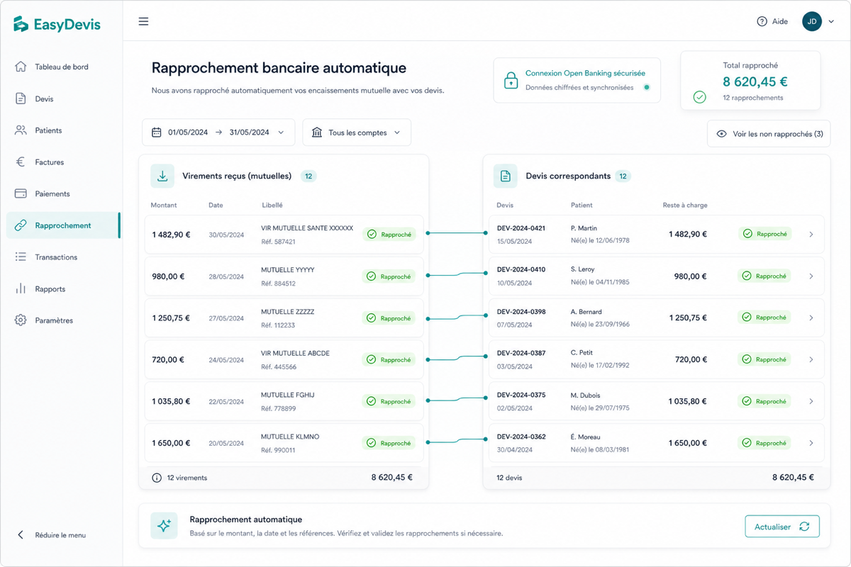 Suivi automatique des paiements EasyDevis — les virements des mutuelles rapprochés des devis correspondants